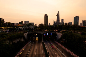 Bitexco and Landmark 81 at Sunset in Ho Chi Minh City with Saigon Bridge and Scenic View