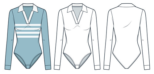 Long Sleeve Bodysuit technical fashion illustration, striped design. Polo Collar Bodysuit fashion technical drawing template, slim fit, front back view, white, blue, women, men, unisex CAD mockup set.