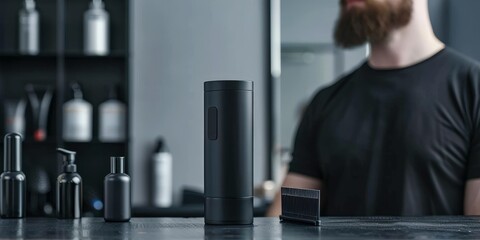 A stylish grooming setup featuring a sleek black grooming tool with various products arranged neatly in a barbershop, Ideal for promoting men's grooming services, product advertisements