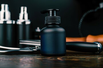 Obraz premium A sleek black pump bottle is prominently displayed against a dark background, surrounded by various grooming tools, This image is ideal for beauty, grooming, or product marketing,