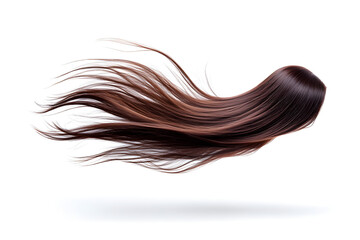 Shiny, smooth, flowing brown hair strands isolated on white background, perfect for hair care product promotions, beauty industry visuals, and advertising campaigns