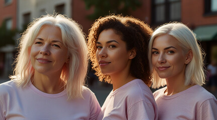 Group of women wearing clear blank pink t shirts on the sunny street. Breast Cancer Awareness. Cancer Survivors and support community.