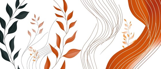 Fototapeta premium An artistic composition featuring abstract leaves in shades of green, orange, and beige, intertwined with flowing lines on a clean white background, evoking a sense of harmony.