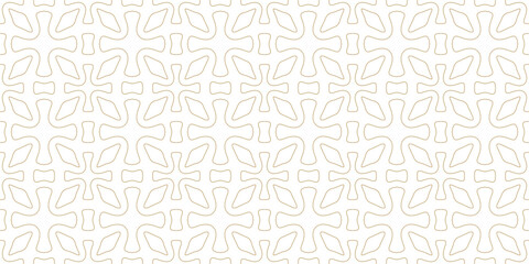 Fototapeta premium Vector golden geometric ornamental seamless pattern. Abstract texture with flower silhouettes, leaves, crosses, grid, outline shapes, repeat tiles. Simple gold and white background. Luxury geo design
