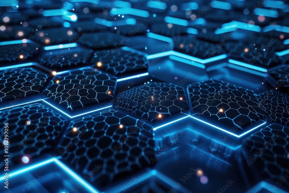 Poster blue illuminated hexagonal grid with glowing spots