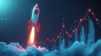 A rocket ship with business graph bar chart, Rocket business graph background