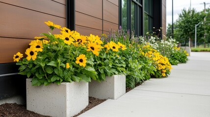 A row of vibrant yellow flowers in concrete planters beside a modern building, enhancing its aesthetic appeal and welcoming atmosphere.