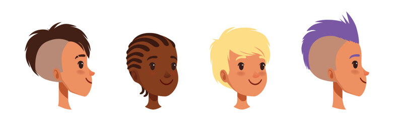 Teen Boy Smiling Face Head with Different Hairstyle Vector Set