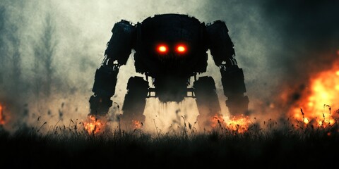 A massive robotic figure looms in a smoky, fiery landscape, its glowing eyes piercing the haze, This dramatic image can be used for sci-fi themes, storytelling, or futuristic design concepts,