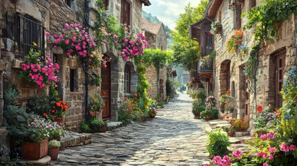 Charming Cobblestone Street with Floral Decor