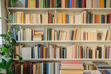 A cozy library filled with various books on a shelf, surrounded by greenery in a warm and inviting reading space. Generative AI