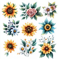 Fototapeta premium Watercolor Garden Clipart with Colorful Flowers
