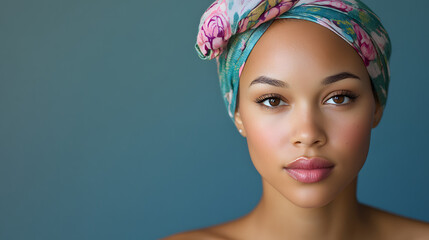 A close-up portrait of a woman with a headscarf on, against a blue background, radiating confidence and beauty

