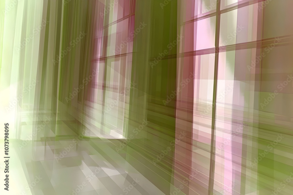 Poster an abstract representation of light and space, showcasing soft green and pink hues blending together