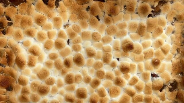 Close-up view of a sweet potato casserole baking in the oven, topped with melted golden-brown marshmallows. Perfect for Thanksgiving or holiday meals, capturing the warmth and comfort of home cooking.