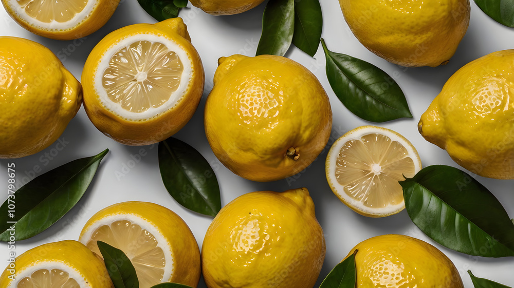 Poster zesty lemons and lush greenery: a vibrant flat lay showcasing whole and sliced lemons interspersed w