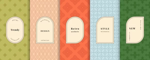 Vector geometric seamless pattern collection. Set of colourful background swatches with elegant minimal labels, frames, stickers. Abstract floral grid textures. Retro vintage design. Cute patterns