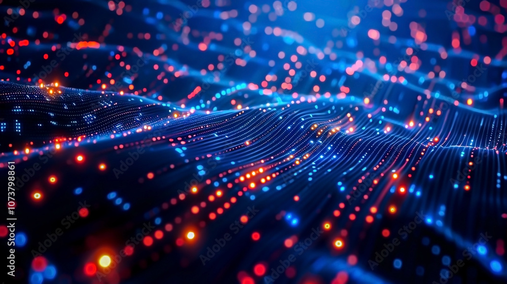 Poster this digital artwork showcases a futuristic network of interconnected red and blue nodes, symbolizin