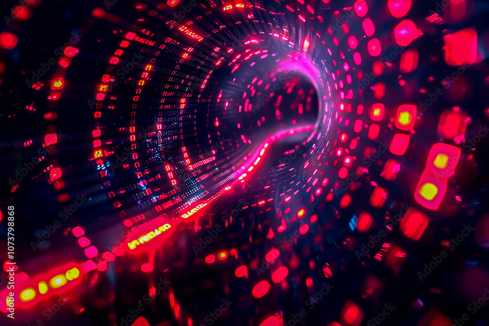 Poster this digital artwork showcases a futuristic network of interconnected red and blue nodes, symbolizin