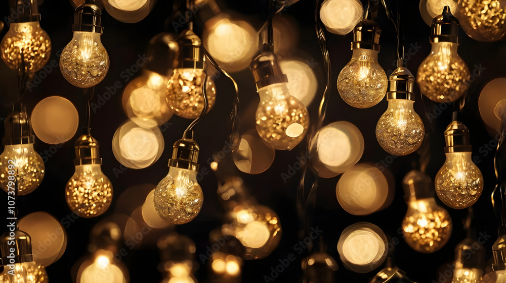 Poster golden hour glow: sparkling string lights on dark background
