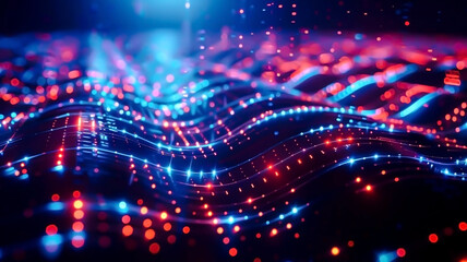 Obraz premium This digital artwork showcases a futuristic network of interconnected red and blue nodes, symbolizing data flow and connectivity against a cosmic background