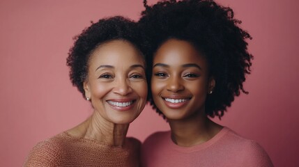 A mother and daughter are smiling at the camera, a pink background behind them.