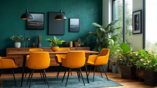 A modern dining room with green walls, yellow chairs, and a wooden table. The room is decorated with plants and framed artwork.
