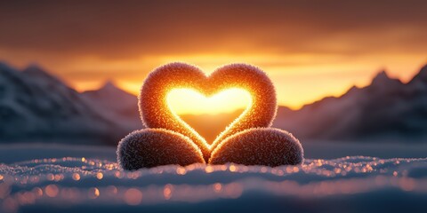 Fototapeta premium A beautifully captured moment of heart-shaped stones illuminated by the sunrise, creating a warm and inviting atmosphere in a snowy landscape.