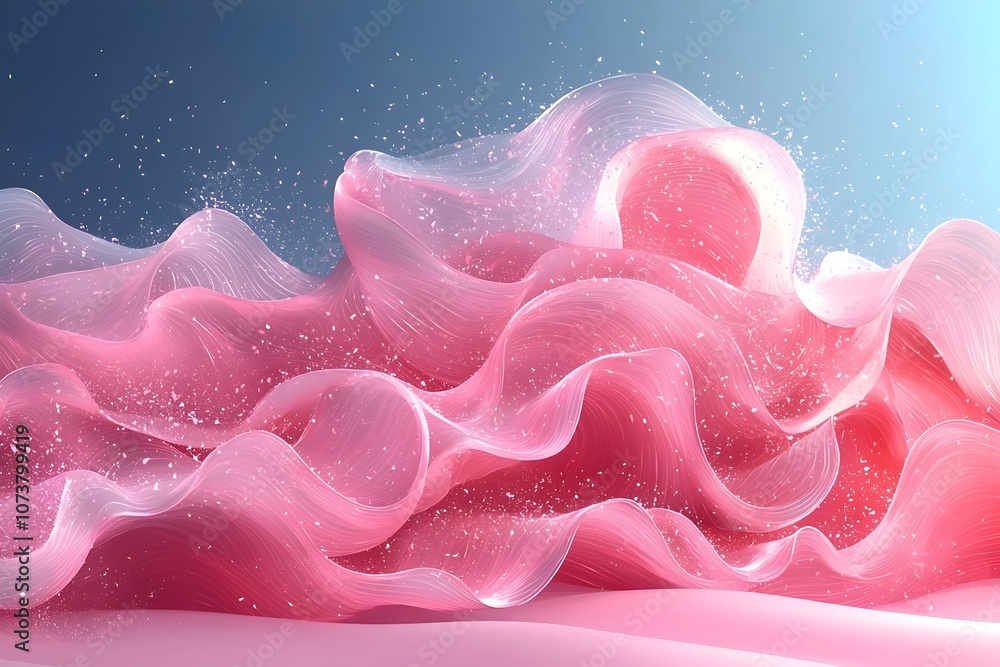 Poster a vibrant abstract design featuring flowing pink waves with a sparkling finish, creating an ethereal