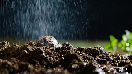 petrichor, rain meeting parched garden soil with visible release of earthy aroma