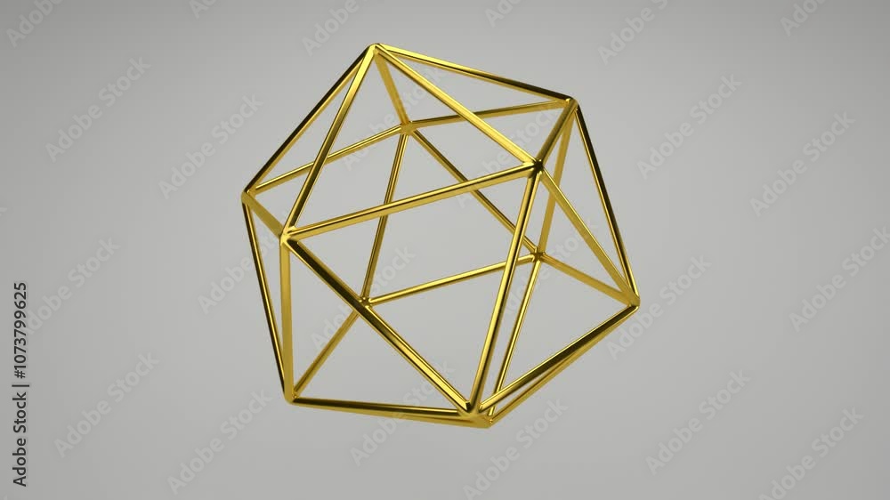 Poster realistic 3d rendering of a golden icosahedron slowly rotating on its axis. beautiful backdrop with 