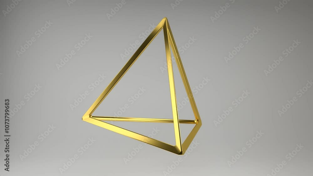 Poster realistic 3d rendering of a golden tetrahedron frame slowly spin around. beautiful backdrop with the