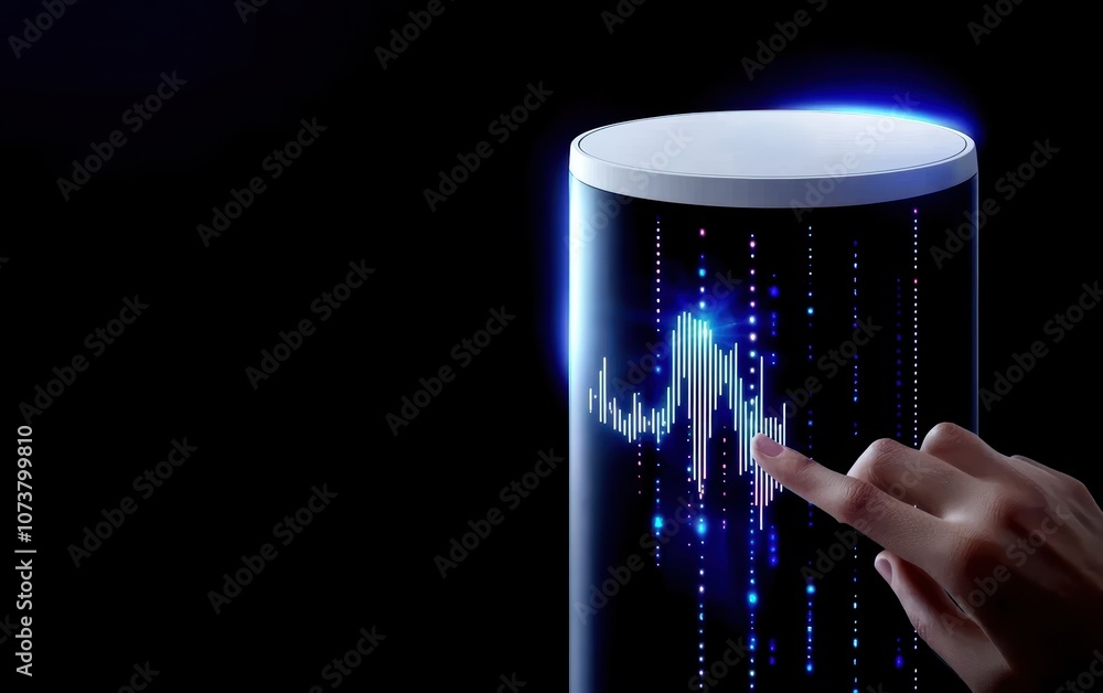 Poster a close-up view of a person interacting with a futuristic digital display, showcasing vibrant soundw