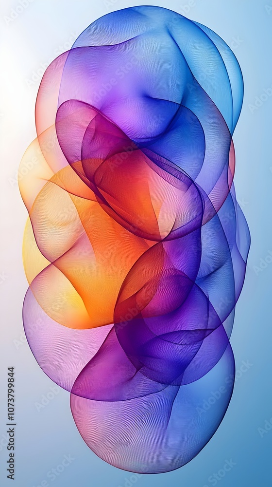 Poster a mesmerizing abstract composition featuring overlapping translucent shapes in shades of blue, purpl