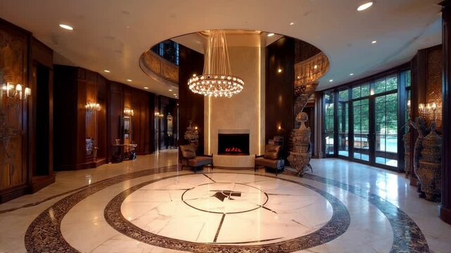 A grand, ornate staircase with wrought iron railing ascends to a balcony in a luxurious mansion with a fireplace and a view of a swimming pool.