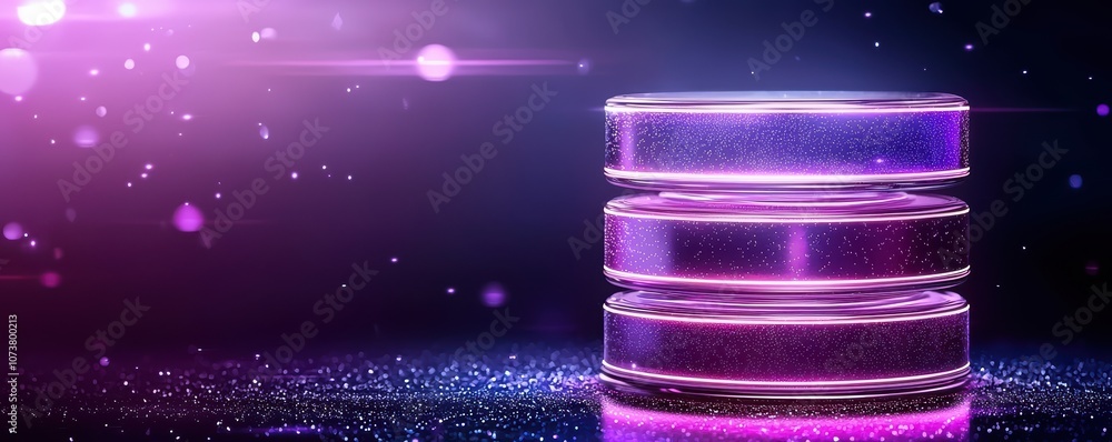 Poster a futuristic representation of digital data storage, featuring glowing purple disks stacked against 