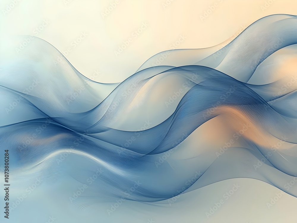 Poster an abstract fine art design featuring flowing blue and soft beige waves, creating a serene and calmi