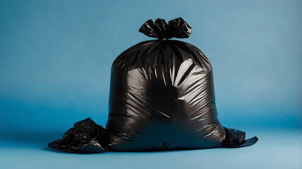 Black Plastic Garbage Bag on Blue Background 