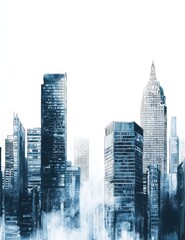 Modern city skyline with skyscrapers on white background