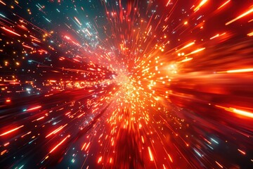 Abstract red and orange light streaks radiating outward in a dark space