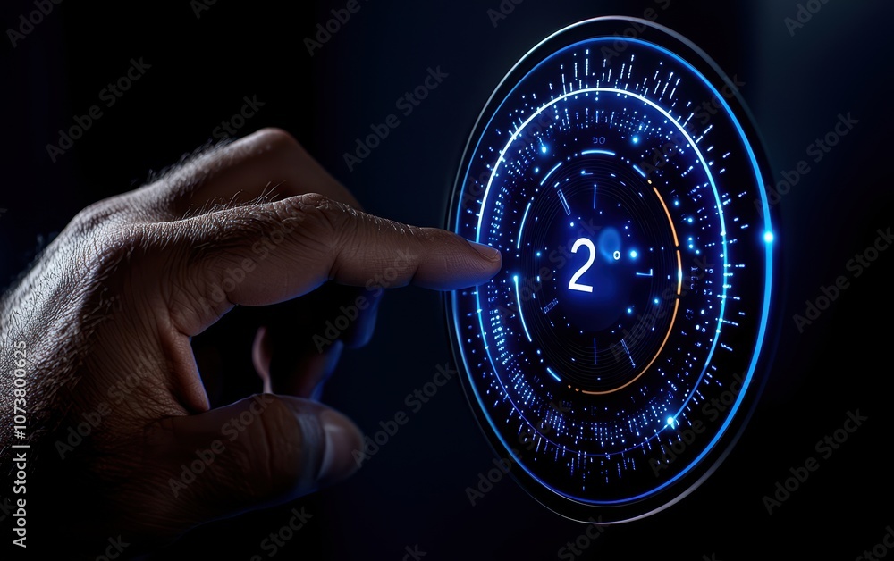 Poster a hand interacting with a digital control panel, showcasing advanced technology with glowing element