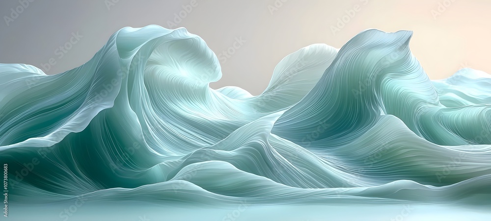 Poster abstract representation of ocean waves in soft turquoise hues, showcasing fluid movement and eleganc