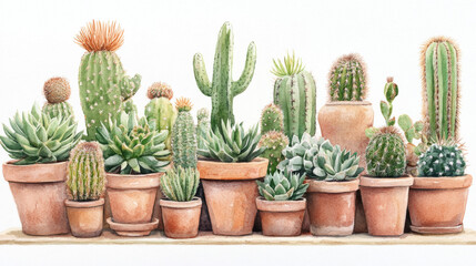 Whimsical watercolor cacti and succulents, desert plants in terracotta pots