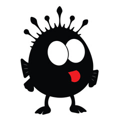 a cartoon illustration of a black pufferfish with big, round eyes and a red tongue sticking out
