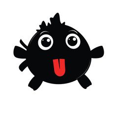 a cartoon illustration of a black pufferfish with big, round eyes and a red tongue sticking out