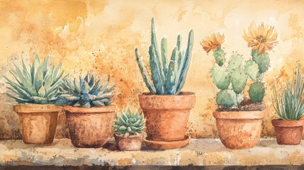 Whimsical watercolor cacti and succulents, desert plants in terracotta pots