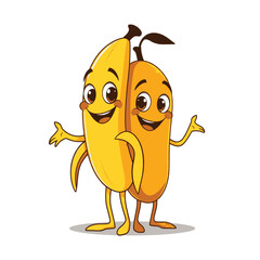 A funny cartoon banana and mango character standing side by side in a playful pose