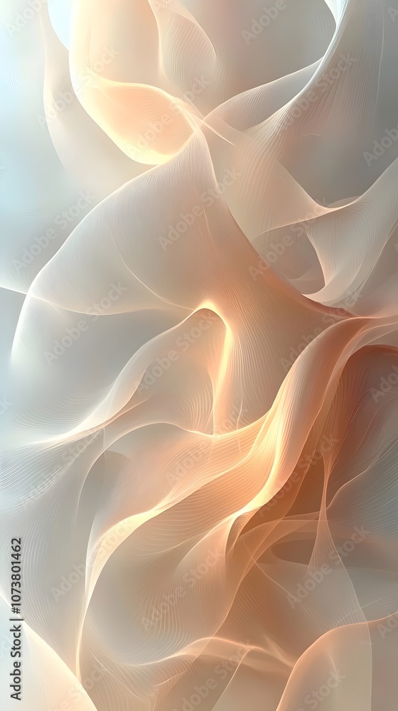 Poster Abstract flowing waves with warm hues of orange and soft gradients creating a tranquil and ethereal atmosphere.