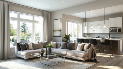 Fototapeta premium A modern living room featuring a cozy sectional sofa, natural light from large windows, and a sleek kitchen in the background.