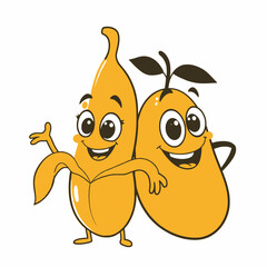 A funny cartoon banana and mango character standing side by side in a playful pose